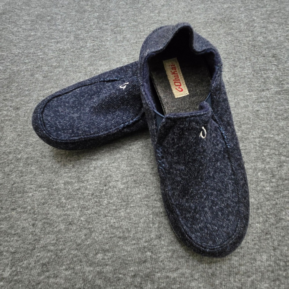 OluKai Moloa Hulu Mens 9 Navy Blue Wool Blend Slip On Loafers Casual House Shoes